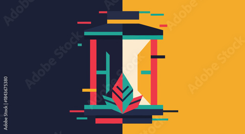 Abstract Geometric Hourglass with Plant Life Symbolism in Contrasting Colors.