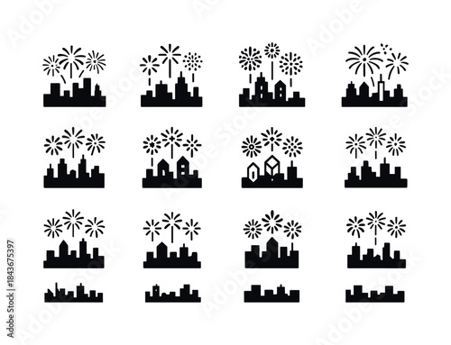 City Fireworks Logos. Holiday fireworks exploding over a city sk