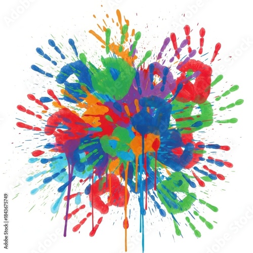 Colorful handprints bursting with vibrant splattered paint