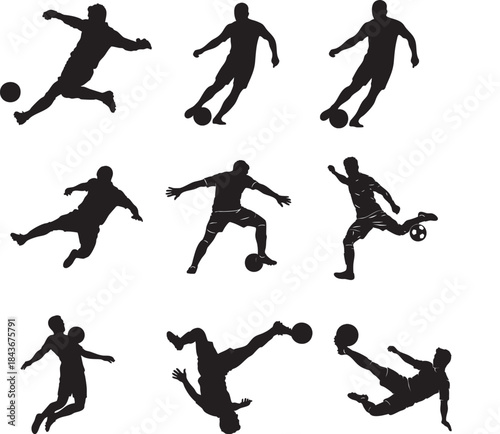 Dynamic set of football player silhouettes performing various actions like kicking, dribbling, and scoring, isolated on white background.