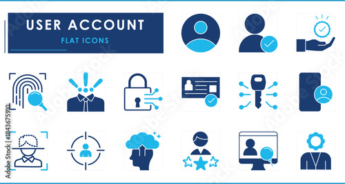 A set of flat icons related to User Accounts. Identity, face, security, avatar, lost, digital, person, target, encrypt, and so on.