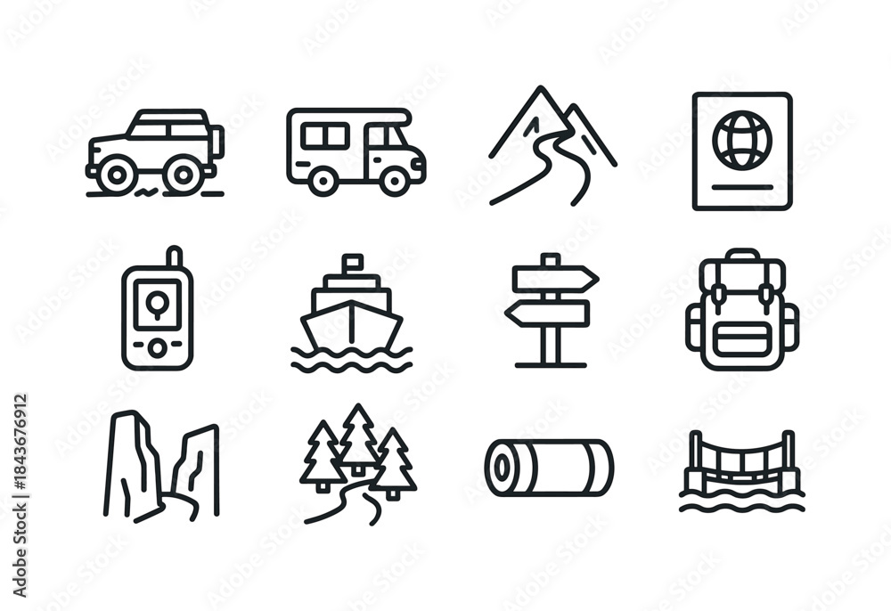 Fototapeta premium Adventure Travel Icons. Adventure Travel. Line icon set of Adven