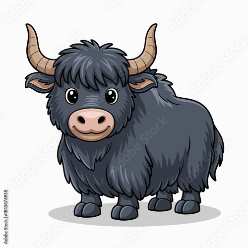 This charming illustration showcases a cartoon yak with fluffy fur and a friendly demeanor, symbolizing resilience and warmth, ideal for children’s themes or nature-focused content.