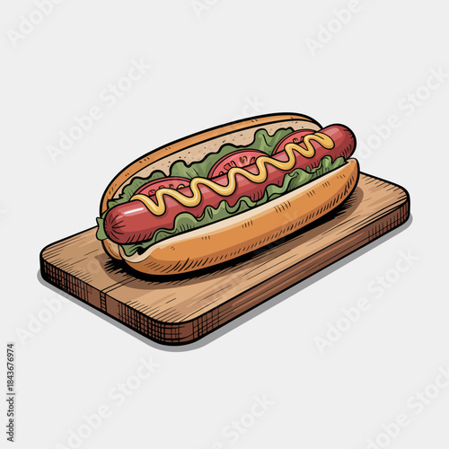 An appetizing hot dog topped with fresh ingredients lies on a wooden board, representing culinary delights, casual dining, and the joy of delicious comfort food.