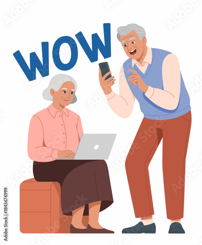 An elderly man enthusiastically shows a woman something exciting on his phone while she works on her laptop, capturing the joy of technology bridging generations.