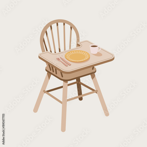 A simple wooden high chair set with a plate, fork, and cup, designed for toddlers or infants, representing early childhood and the importance of feeding time.