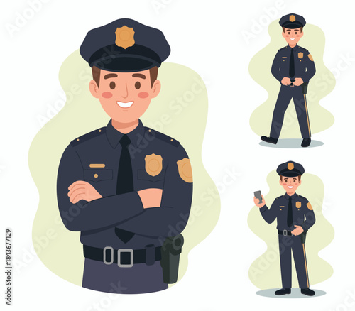 A professional male police officer in a black uniform confidently smiling, representing trust, safety, and community service, capturing the essence of law enforcement.