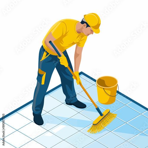 A dedicated worker is shown scrubbing a tiled floor with a broom, showcasing attention to detail and cleanliness, emphasizing the importance of maintenance in work environments.