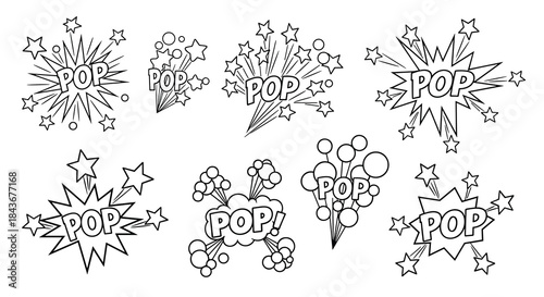 Exciting collection of 'POP' comic book explosions and sound effects in a classic hand-drawn pop art style with stars and bubbles.
