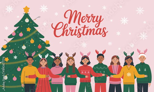 A festive scene of diverse individuals, standing together with Christmas decorations, wearing cheerful clothing and festive accessories amidst a decorated tree.