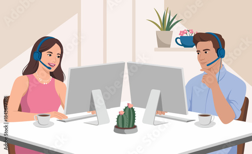 Engaging call center agents working collaboratively, providing professional assistance through headsets while contributing to a productive and friendly office environment.