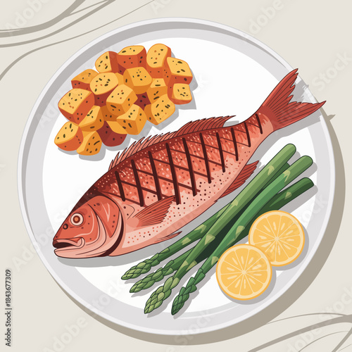 This appetizing plate showcases a perfectly grilled fish served alongside crispy potatoes and fresh asparagus, garnished with slices of lemon for a refreshing touch.
