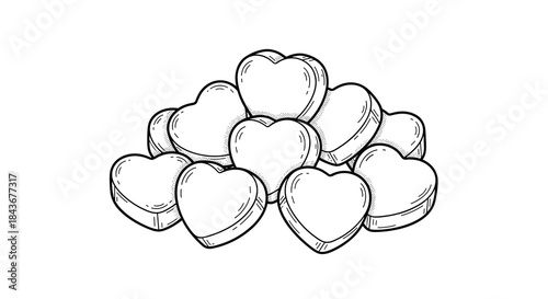 Sweet illustration of a pile of heart-shaped candies in a hand-drawn sketch style, perfect for valentine's day and romantic themes.