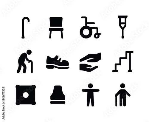 Walking Aid Icons. Walking Aid. Solid icon set of Walking Aid: w