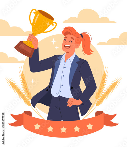 A happy businessperson in a suit joyfully holding a trophy, showcasing success and achievement in professional life, representing hard work and determination.