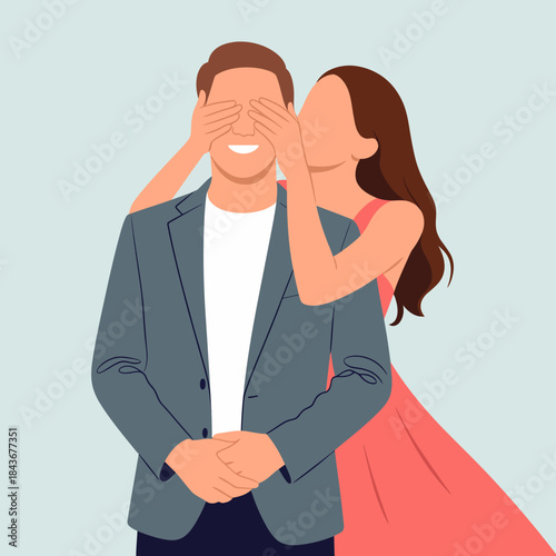 A romantic illustration of a couple sharing a tender moment with one partner covering the other's eyes, symbolizing love, surprise, and intimacy in a vibrant setting.