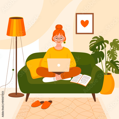 A warm illustration depicting a woman comfortably working on her laptop in a cozy living room, emphasizing a peaceful home office environment filled with plants.