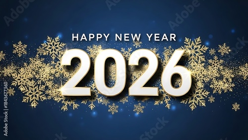 Happy new year 2026 with sparkling golden snowflakes on a deep blue background