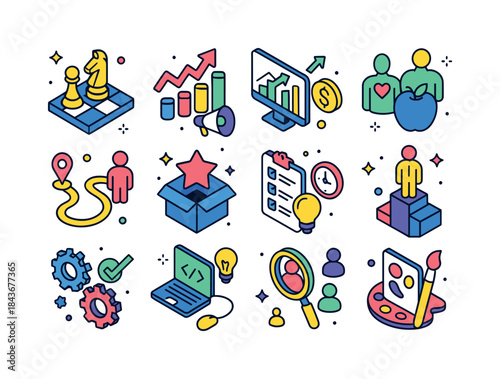 Colorful Consulting Icons. Consulting niches. Colorful isometric