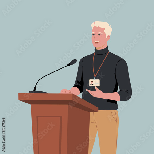 This professional image captures a confident young man giving a presentation at a podium, with a microphone in front, radiating enthusiasm and skill in public speaking.