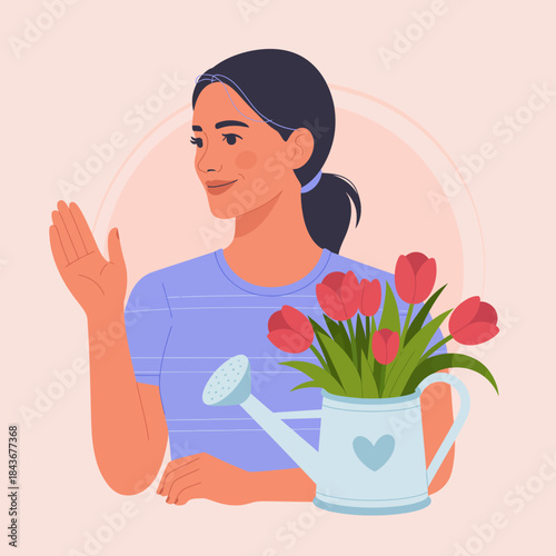 An inviting illustration of a woman waving while holding a watering can surrounded by blooming flowers, symbolizing gardening passion and the joy of nature.