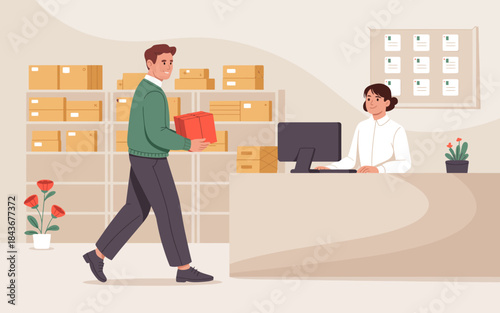 A cheerful young man is walking into a service area, carrying a package to hand over to a receptionist sitting at her desk surrounded by boxes and an inviting workspace.