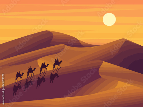 This stunning image captures a peaceful desert sunset where silhouettes of camels create a serene scene, evoking feelings of adventure and tranquility in a vast landscape.