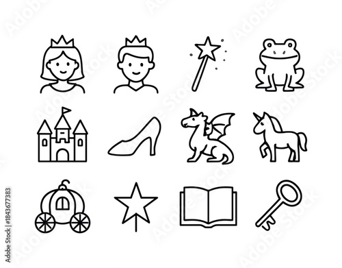 Fairy Tale Icons. Fairy tales. Line icon set of Fairy tales: pri