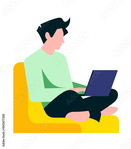 The image captures a young man comfortably seated on a yellow chair, focused on his laptop, reflecting the modern lifestyle of remote work and the importance of relaxation.