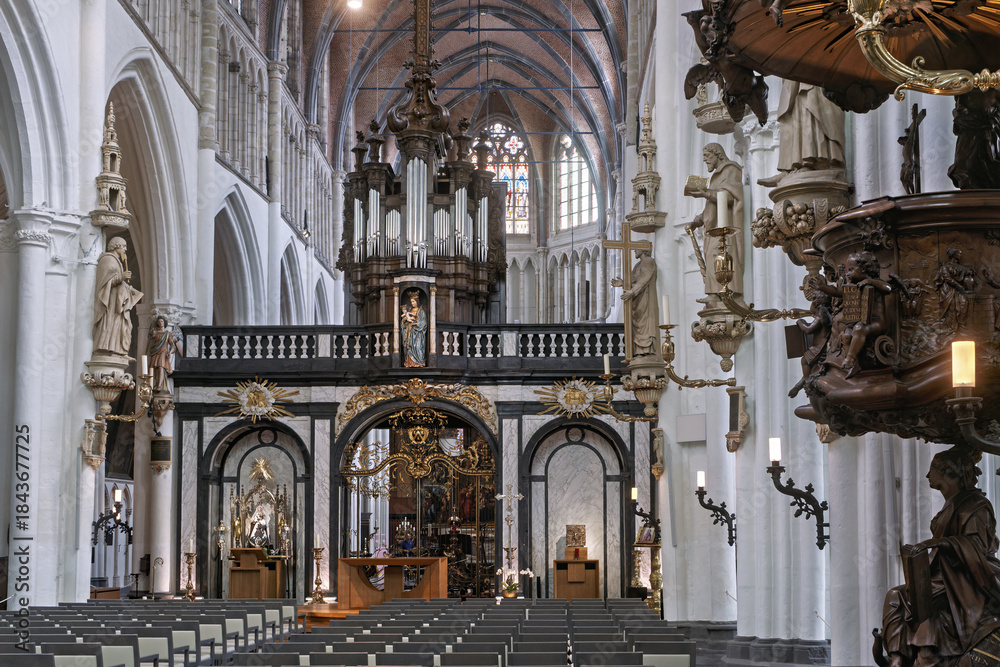Obraz premium Saint Salvator Cathedral: in Bruges, vaulted ceilings an elaborate altar with a raised pulpit, and a richly decorated organ loft. Statues of religious figures line the columns and walls,