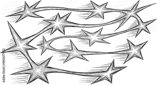 Collection of energetic, hand-sketched shooting stars with motion trails in a retro, engraved style perfect for action-packed designs.