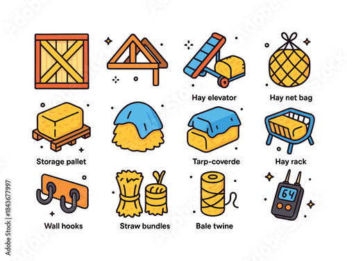 Colorful Hay Storage Icons. Hay Storage. Colorful isometric vect