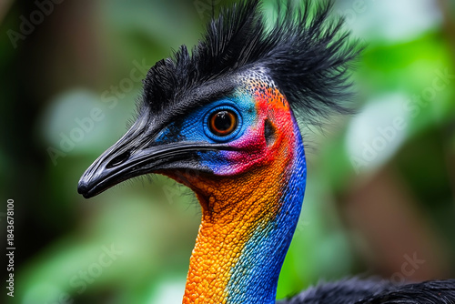 Close-up portrait of a colorful cassowary with vivid blue, orange, and yellow plumage, detailed feathers and bright eye in tropical rainforest background, symbol of wildlife diversity and exotic natur