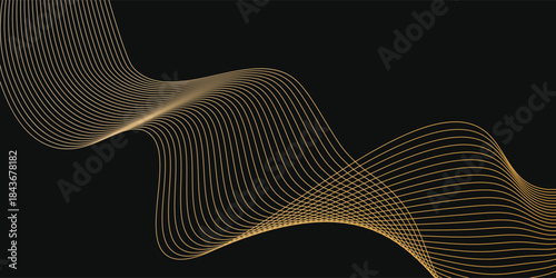 Abstract luxury with shining gold lines waves on black background. Futuristic background of flowing gold lines for banner, poster, cover, brochure, flyer, website