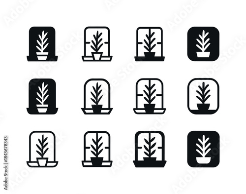 Herb Icon Variations. Growing herbs on a windowsill. Icon set. S