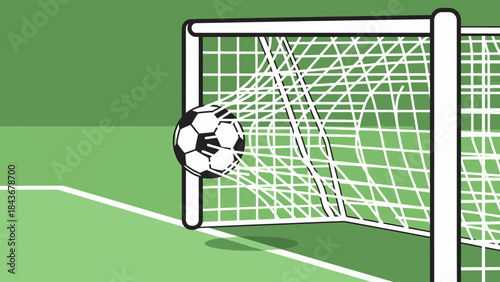 A soccer ball rests in the goal net on the green field during a team competition game