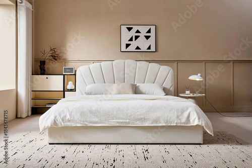 Modern luxury bedroom interior in minimal scandinavian style, 3d render