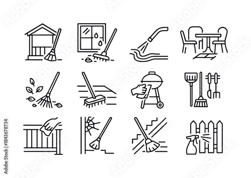 Outdoor Cleaning Icons. Outdoor cleaning. Line icon set of outdo