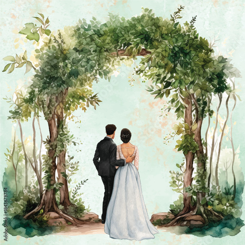 Watercolor Wedding Couple Under Green Floral Arch