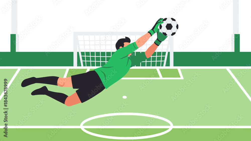 Fototapeta premium Goalkeeper's Grace: An animated goalkeeper in full flight, skillfully reaching for the ball during a pivotal soccer match, embodying agility and determination.