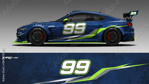 Blue racing car with custom green and white livery featuring the number 99, showcasing a dynamic side profile and decal design.
