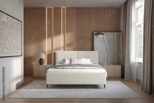 Modern luxury bedroom interior in minimal scandinavian style, 3d render