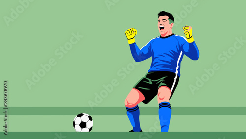 Cartoon vector illustration of a young boy soccer player kicking a ball in action on the field