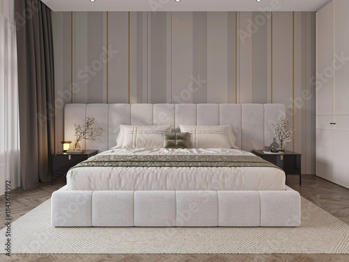 Obraz na płótnie Modern luxury bedroom interior in minimal scandinavian style, 3d render