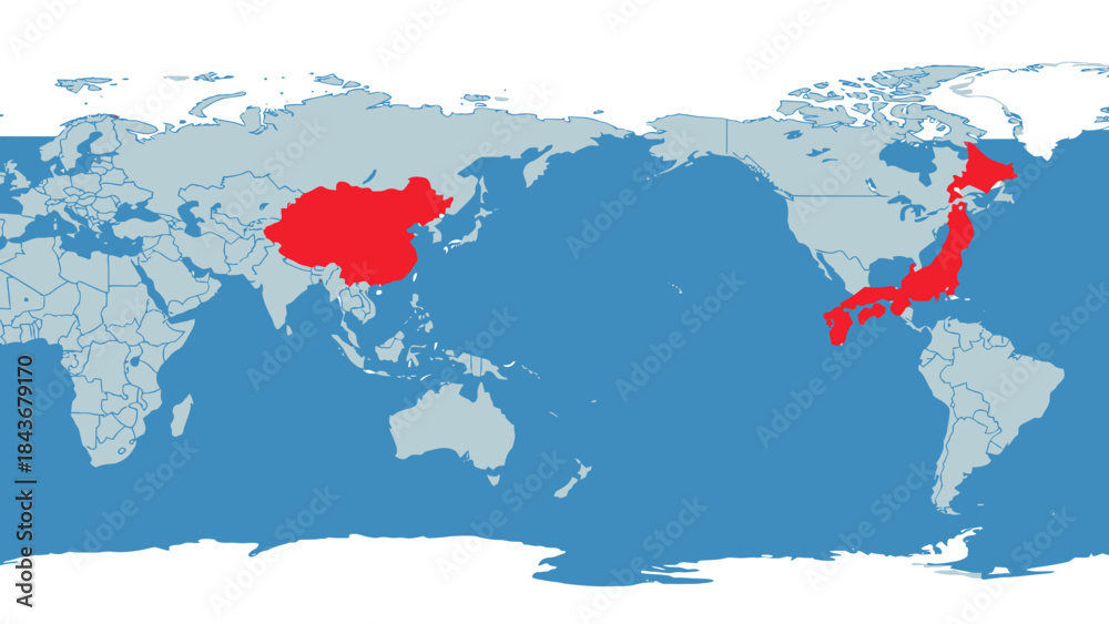 Obraz premium Asia map: A simplified depiction of Asia showcasing China and Japan highlighted in vibrant red against a backdrop of the Earth's oceans and continents. 