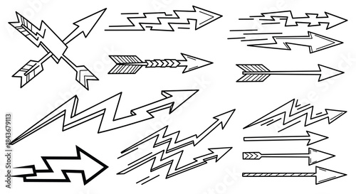 Energetic set of hand-drawn arrows combined with lightning bolt shapes and speed lines, symbolizing power, speed, and direction.