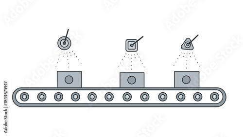 Precision Process: An abstract illustration showcasing an automated production line with three distinct components, each being precisely inspected, representing quality control and efficiency.