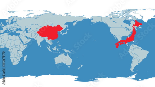 Asia map: A simplified depiction of Asia showcasing China and Japan highlighted in vibrant red against a backdrop of the Earth's oceans and continents. 