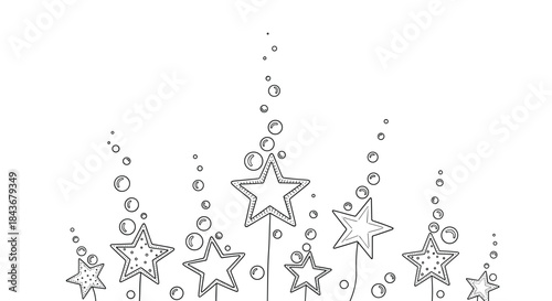 Whimsical hand-drawn stars on thin stalks with bubbles floating upwards in a charming black and white doodle style illustration.