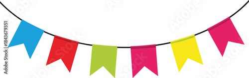 Colorful festive bunting flags hanging on a string for party decoration, celebration events, festivals, and cheerful occasions.